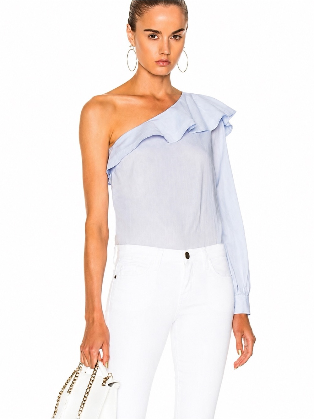 A.L.C. Brielle One Shoulder Cotton Poplin Ruffle Blouse Oxford Blue Size 6